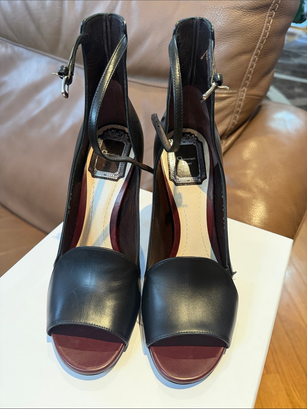 Dior Black Leather Open-Toe Ankle-Strap Heels with Burgundy Insole